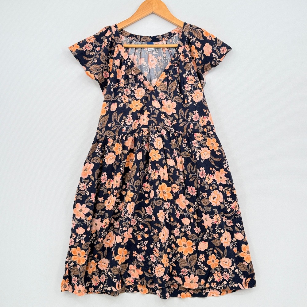 Old Navy Floral Mini Dress Womens Medium Navy Blue Peach Boho Cottagecore